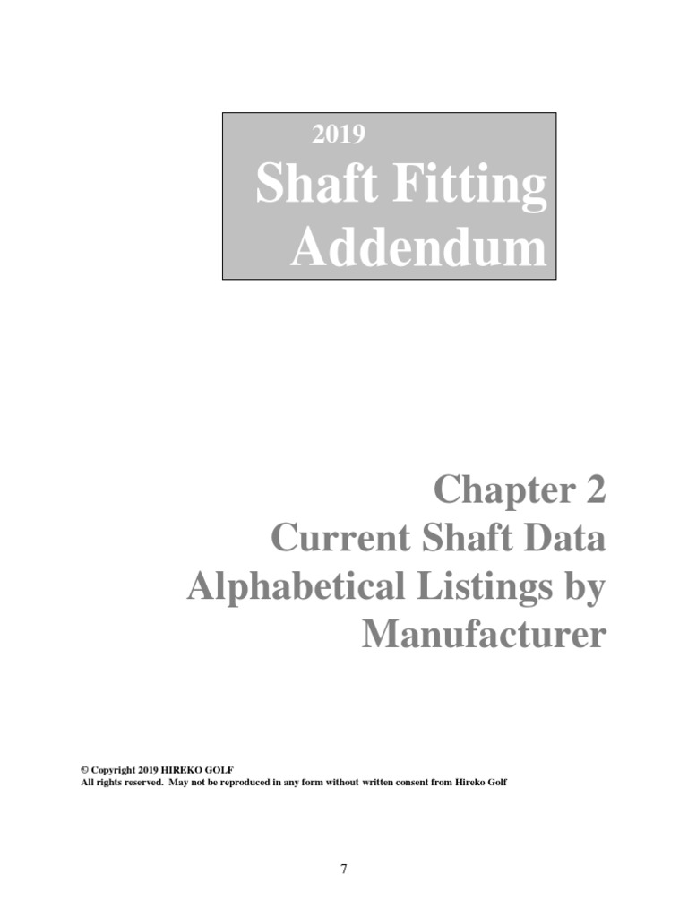 Shaft Fitting Addendum Current Shaft Data Alphabetical Listings by