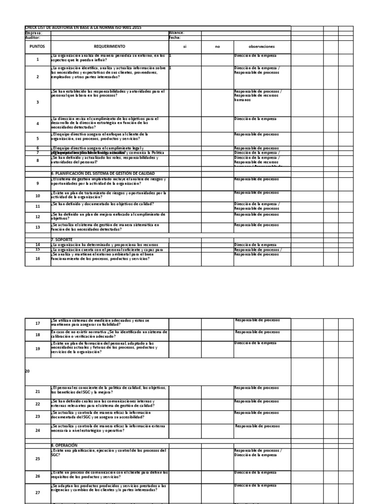 GB Check List de Avance en La Implementación de ISO 9001 2015 | PDF ...