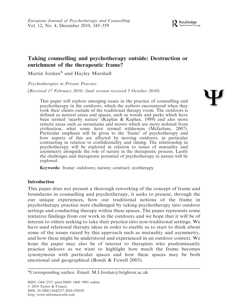 Taking Counselling and Psychotherapy Outside Destruction or Enrichment of The Therapeutic Frame
