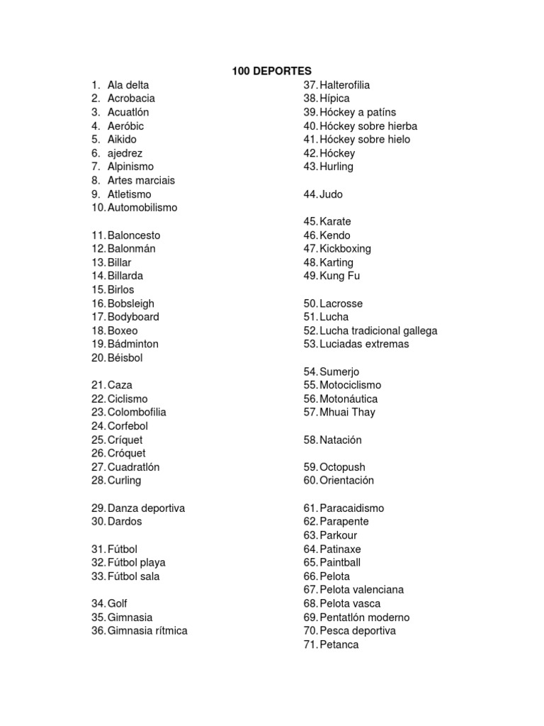 Lista de 100 deportes diferentes | PDF | Ocio | Juegos olímpicos