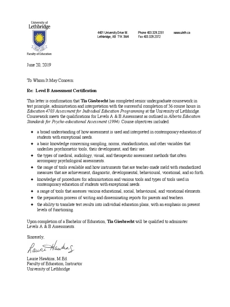 Level B Assessment Certification Confirmation | PDF