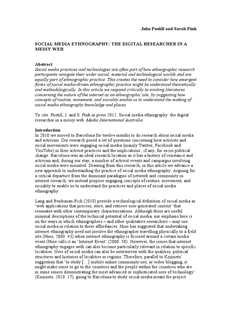 Postill Pink Socialmedia Ethnography PDF | PDF | Ethnography | Social Media