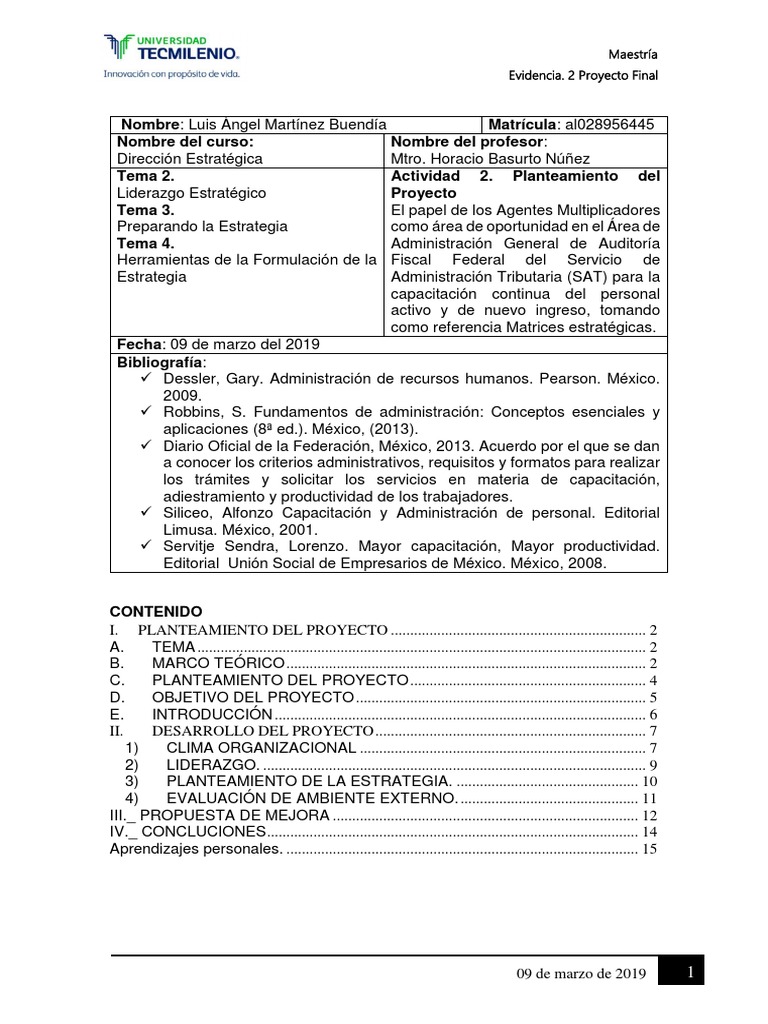 Evidencia 2 Proyecto Final | PDF | Planificación | Liderazgo