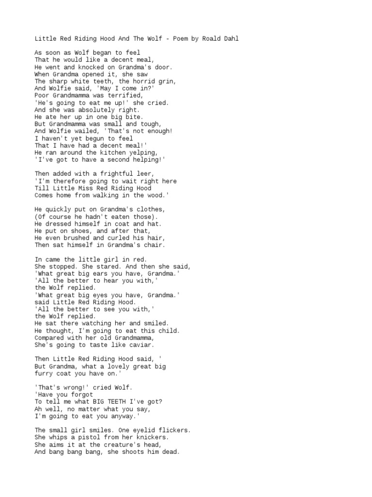 Little Red Riding Hood And The Wolf Poem By Roald Dahl Pdf