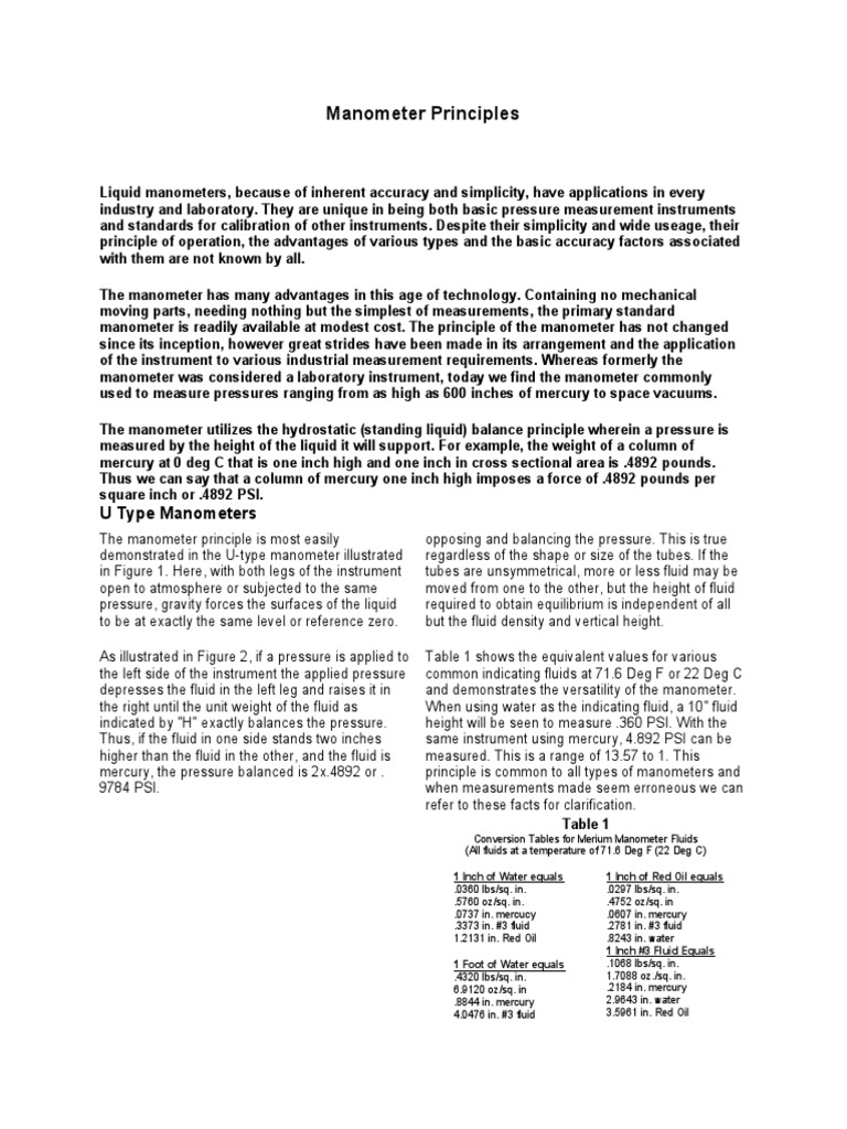 Manometer Principles U Type Manometers PDF Pressure Measurement Pressure