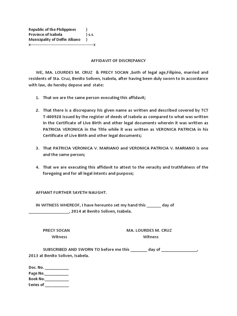 Affidavit of Name Discrepancy in Isabela | PDF | Affidavit | Legal ...
