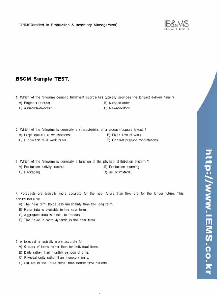 BSCM Sample TEST.: CPIM (Certified in Production & Inventory Management ...