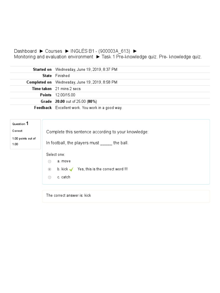 Task 1 Pre-Knowledge Quiz. Pre - Knowledge Quiz - Ingles B1 | PDF ...