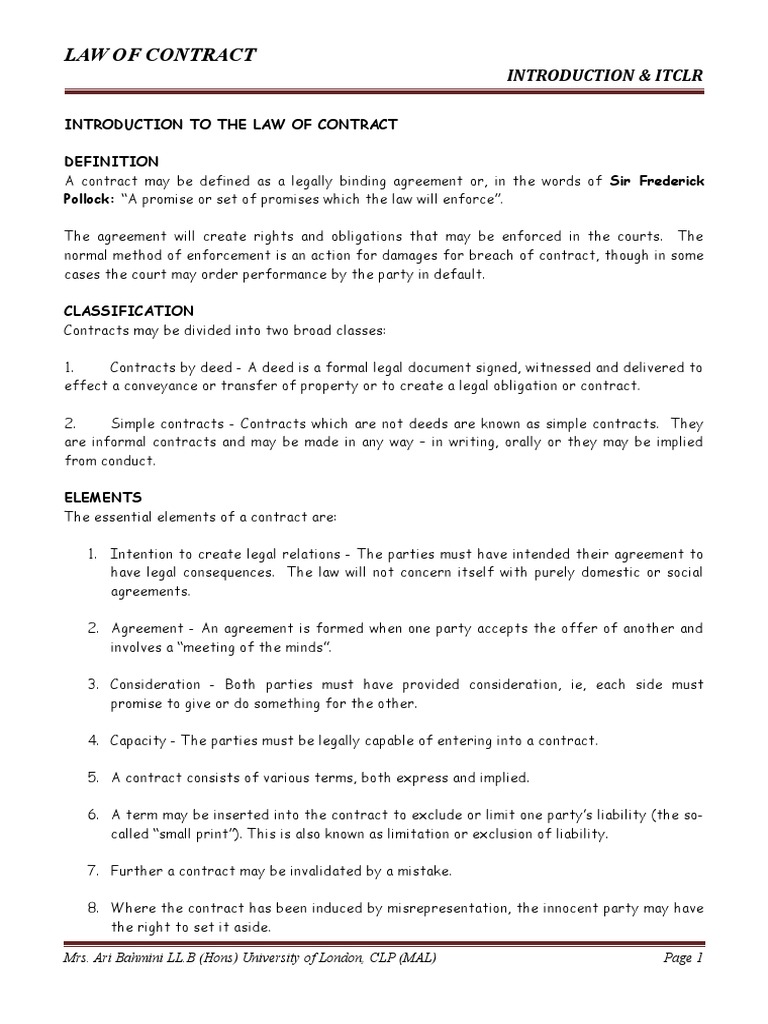 A Levels Law of Contract Intro Itclr 2018 | PDF | Breach Of Contract ...