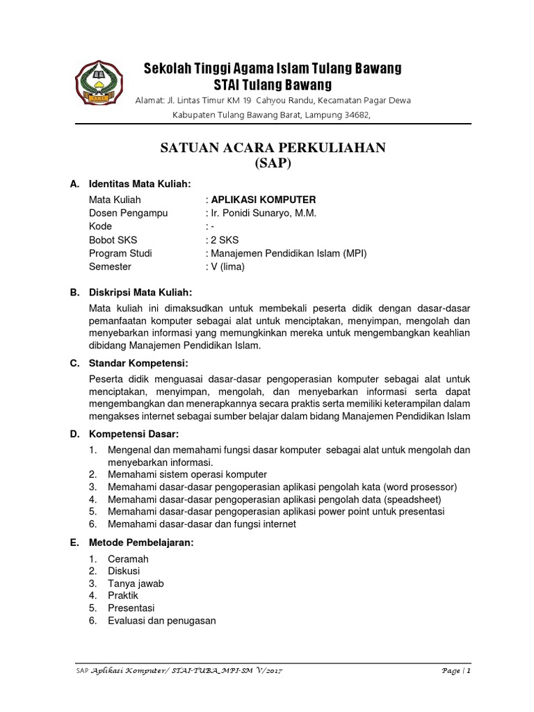 01 Sap Mata Kuliah Aplikasi Komputer Pdf
