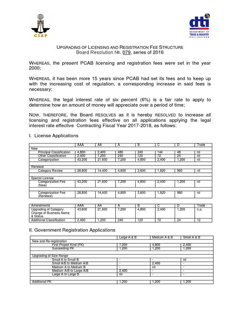 PCAB Licensing Fee Structure Update | PDF | Economies | Government
