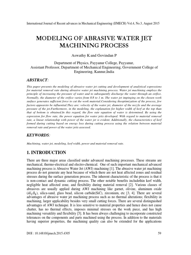 Modeling of Abrasive Water Jet Machining Process Abstract PDF