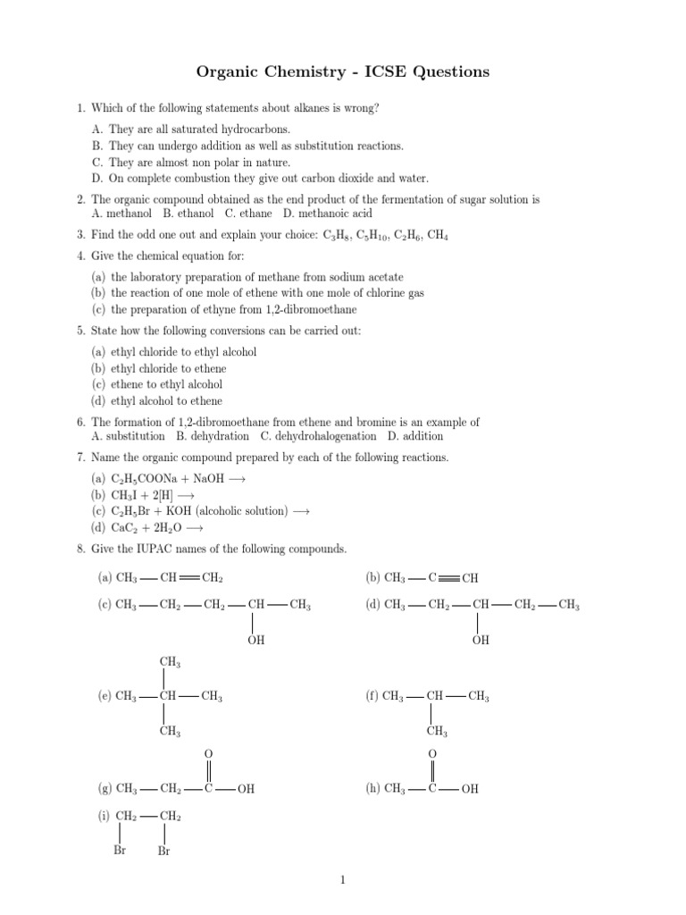 Organic Chemistry - ICSE Questions | PDF | Alkane | Ethanol