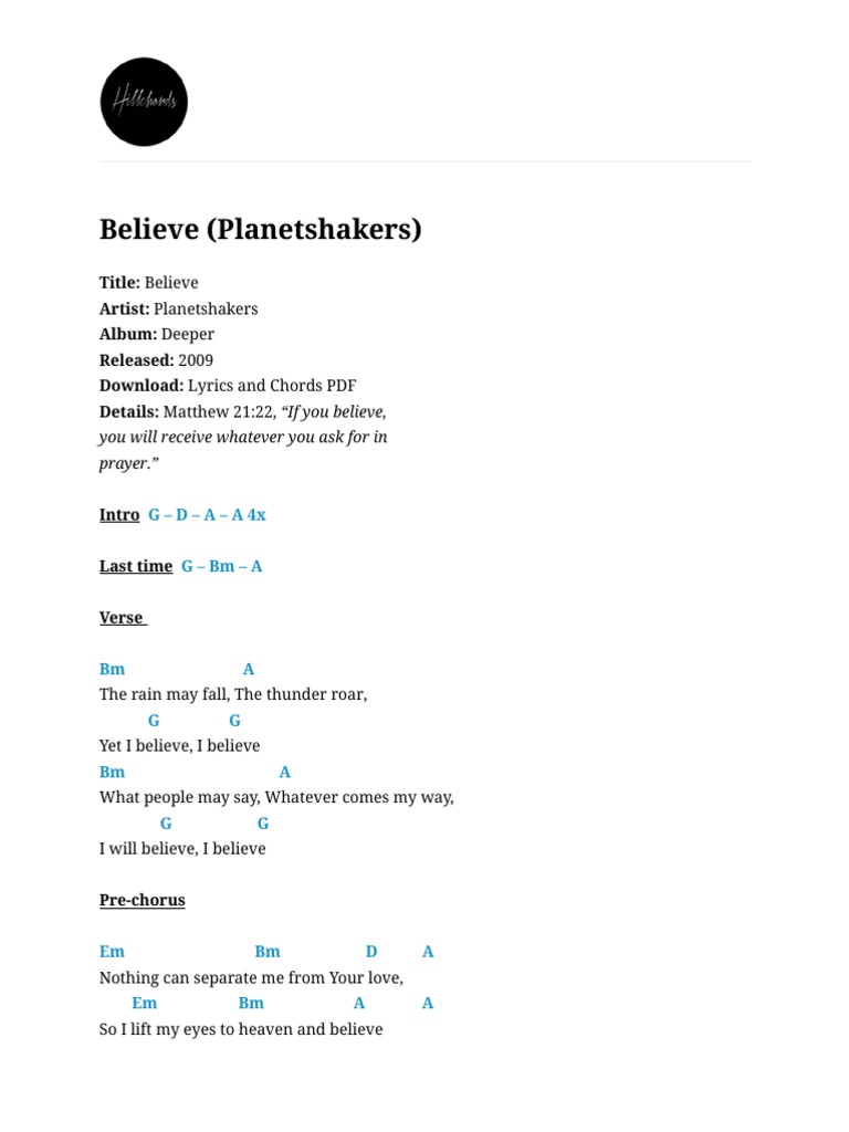 Believe Lyrics, Chords and PDF Download PDF Song