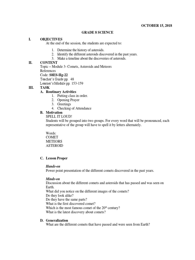 Grade 8 Science: Asteroids & Comets Guide | PDF | Comet | Asteroid