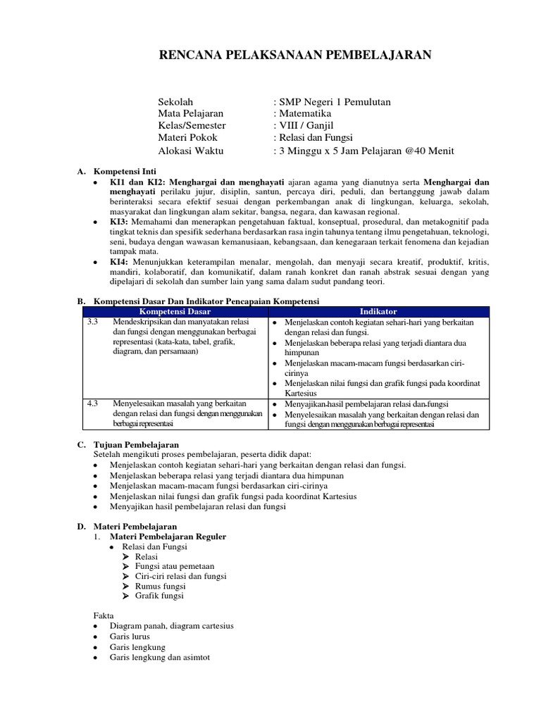 Tugas Akhir M1 Rpp 8 3 Relasi Dan Fungsi