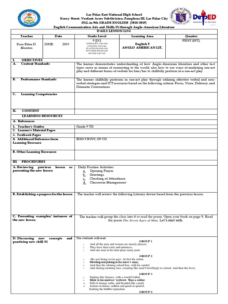 9th Grade English Daily Lesson Log | PDF | Poetry | Educational Technology