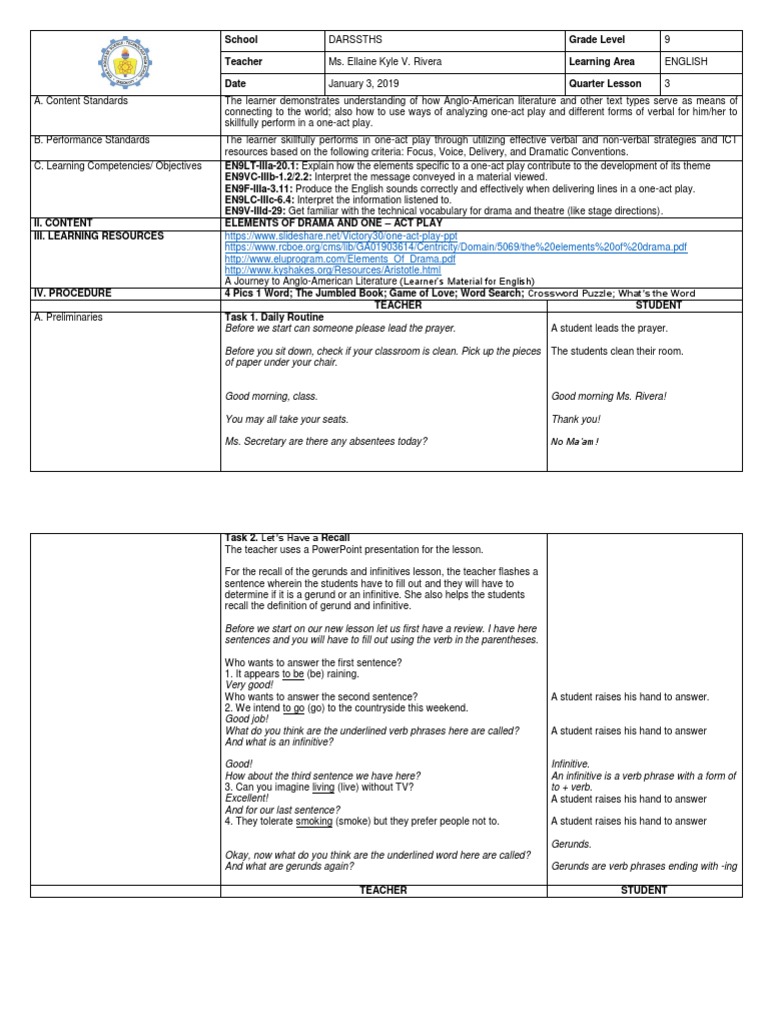 Lesson Plan Elements of Drama PDF Play (Theatre) Genre