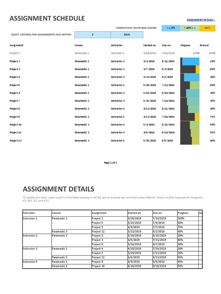 Assignment Schedule: Completion Color Bar Legend Select Criteria For ...