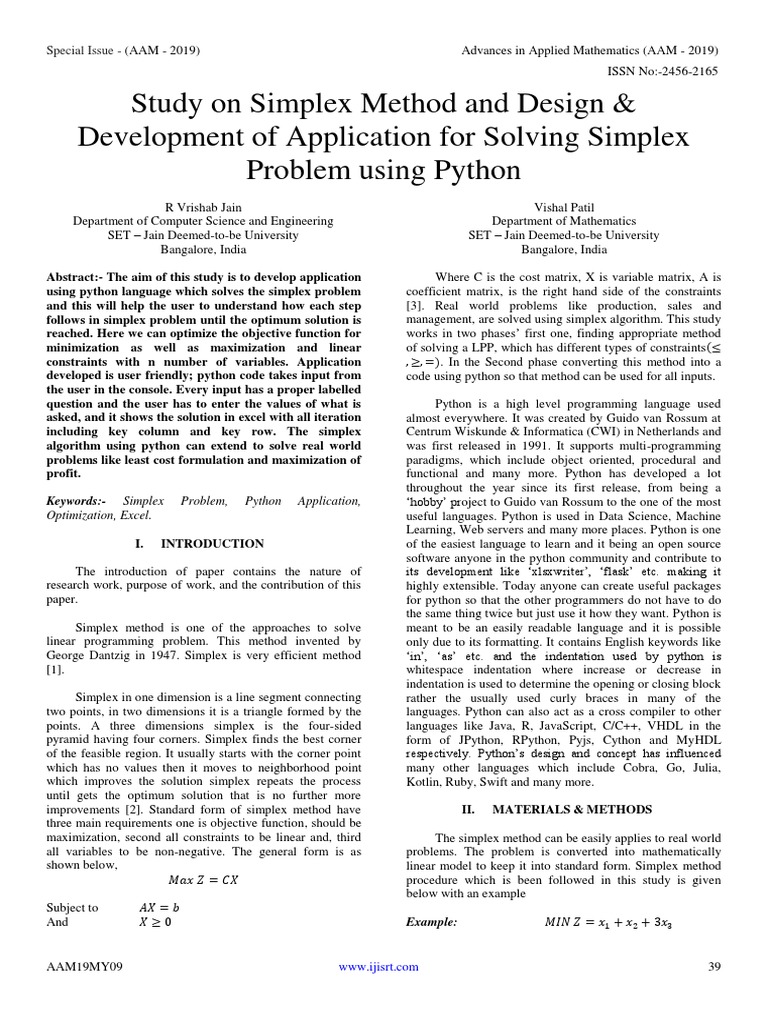 Study on simplex method and design development of application for