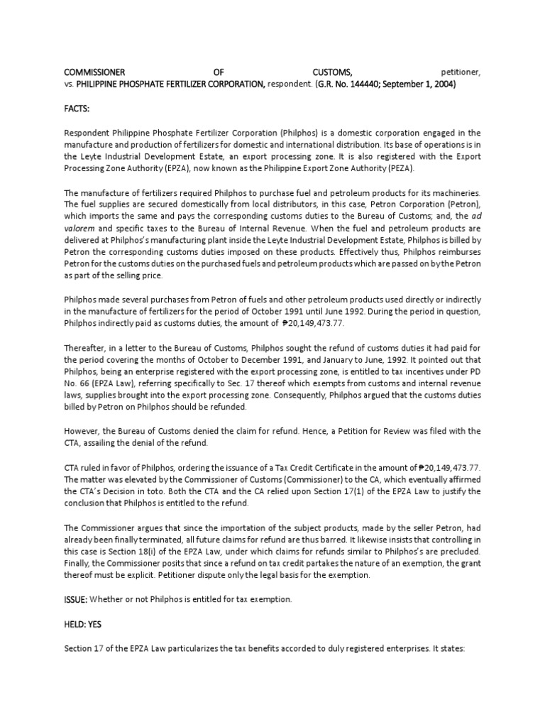 Comm. of Customs vs. PH Phosphate Fertilizer PDF Tax Refund Taxes