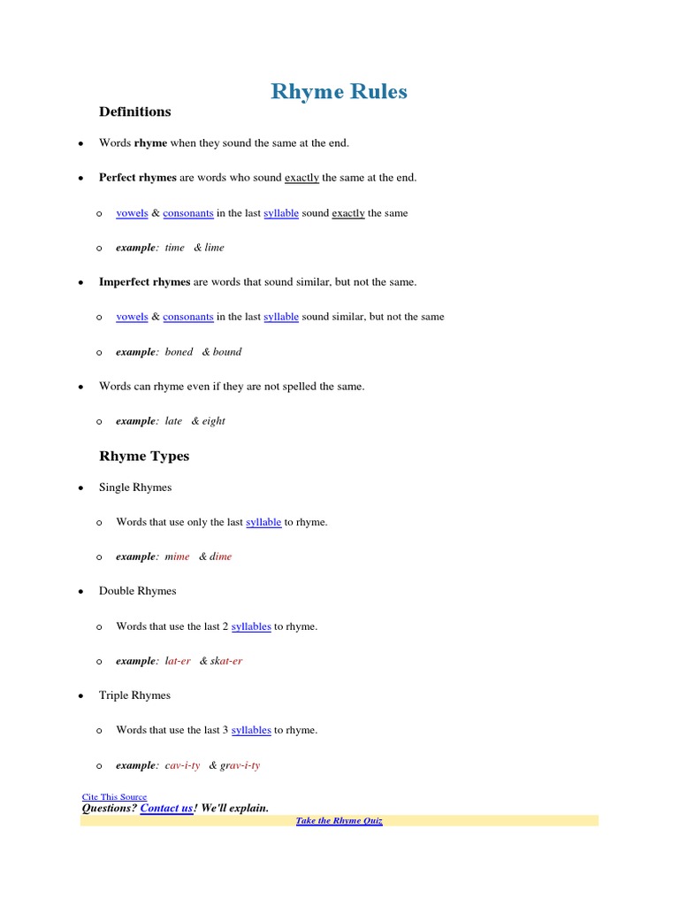 Rhyme Rules PDF Syllable Rhyme