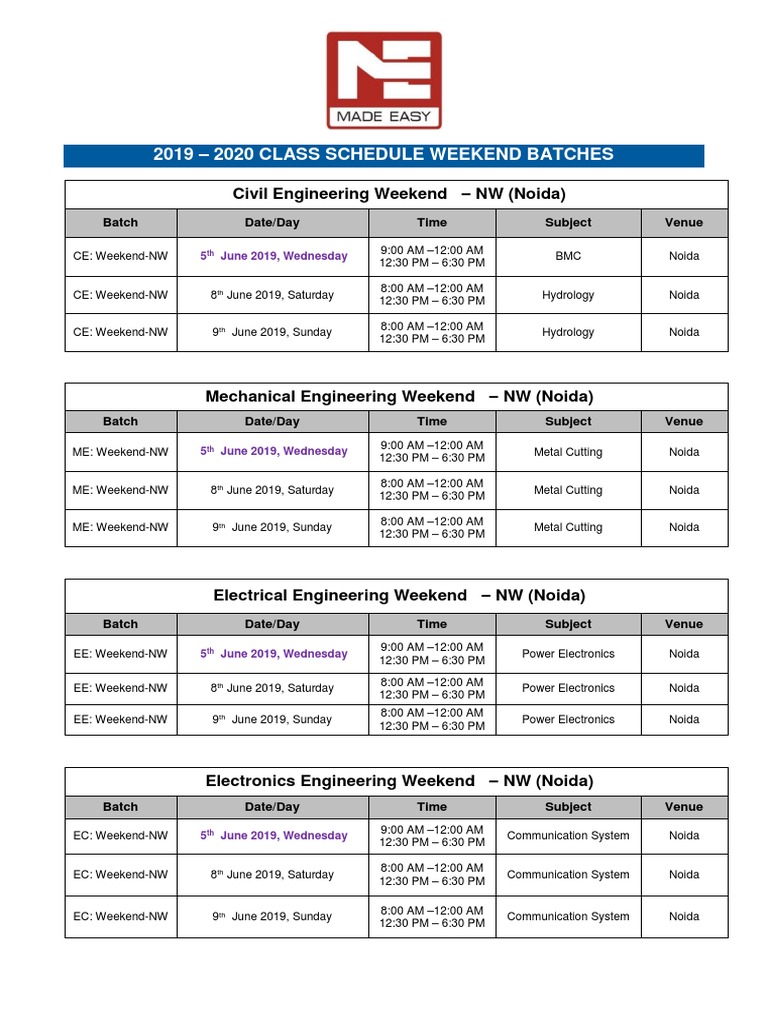 2019-2020 Weekend Engineering Schedule | PDF | Electrical Engineering ...