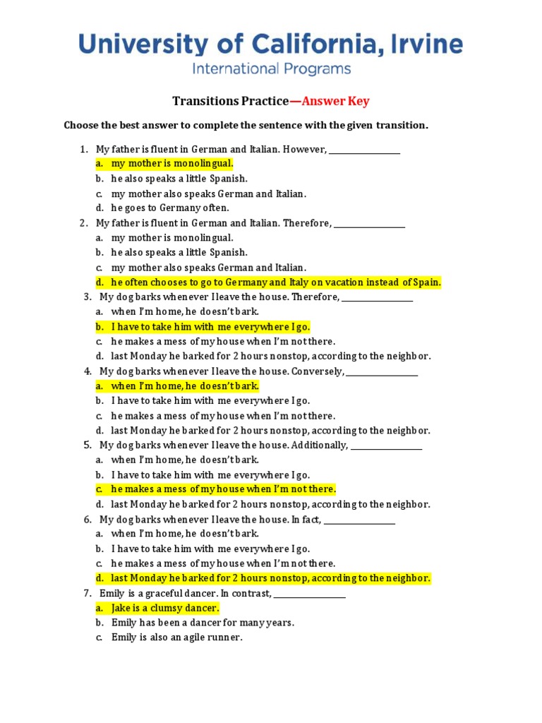 Analyzing Transitional Phrases An Answer Key for Common Transitions