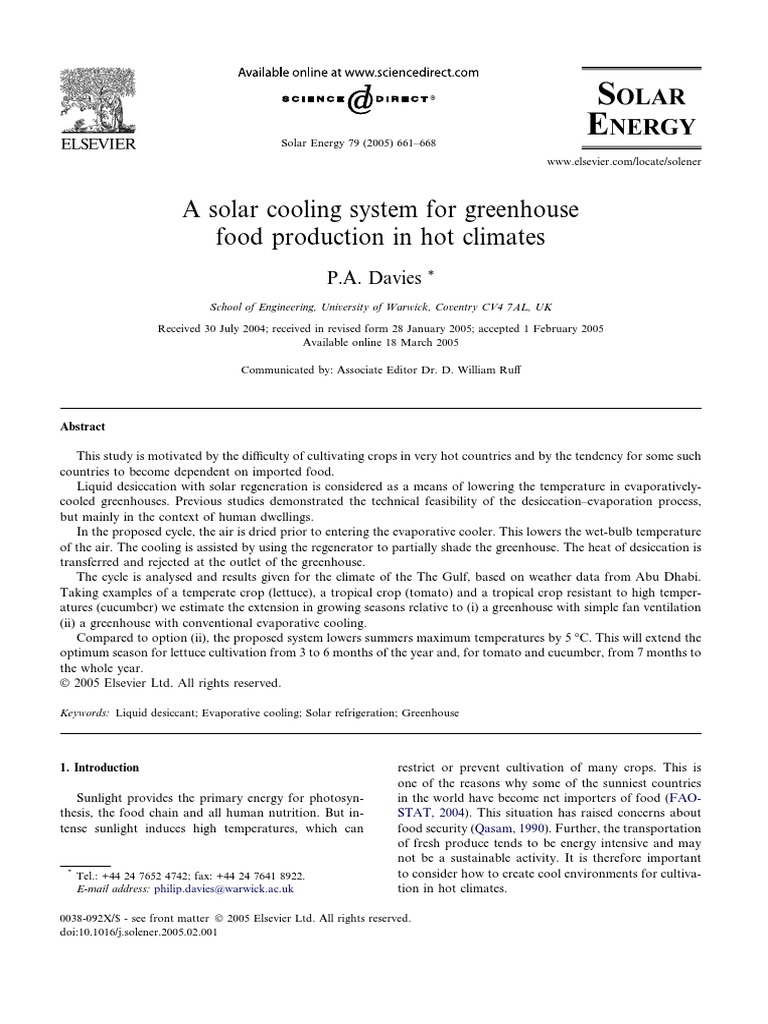A Solar Cooling System For Greenhouse Food Production in Hot Climates