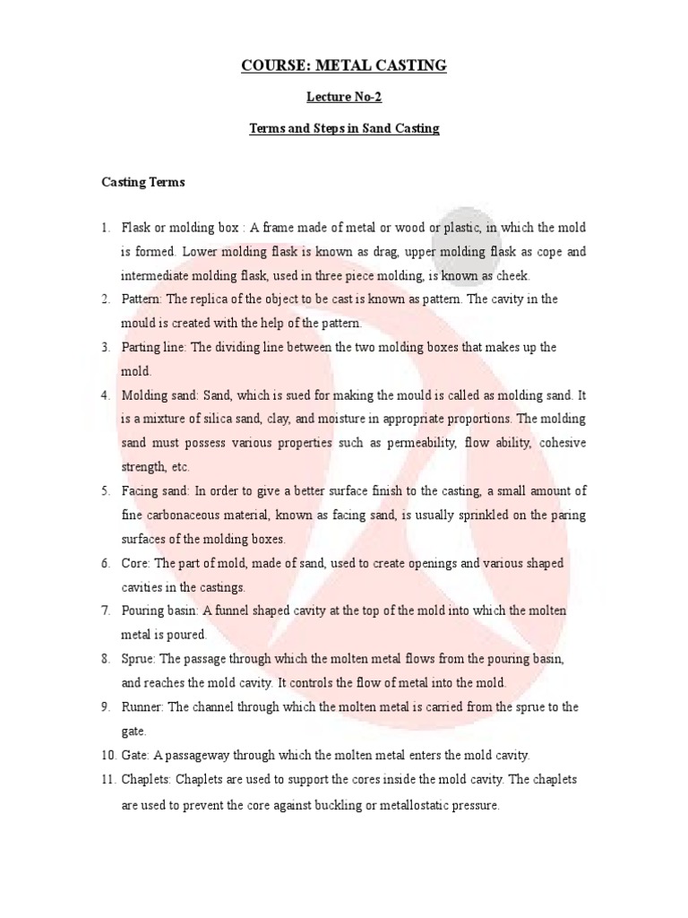 Course Metal Casting Lecture No2 Terms and Steps in Sand Casting