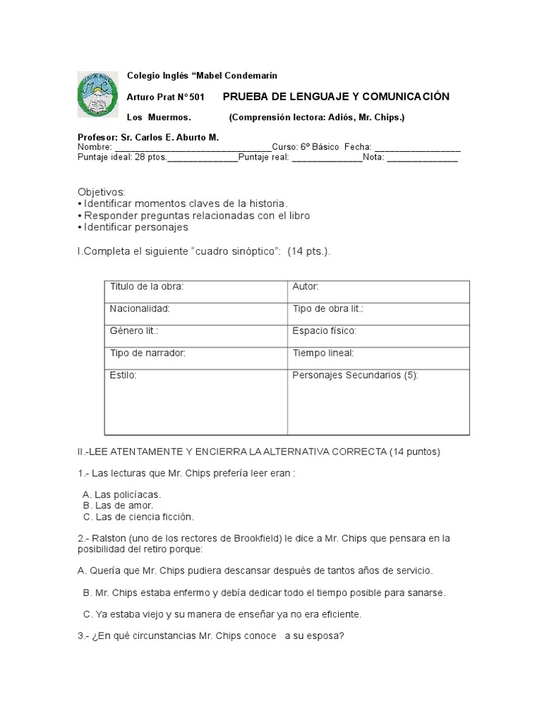 Prueba de comprensión: Adiós, Mr. Chips | PDF | Escuelas