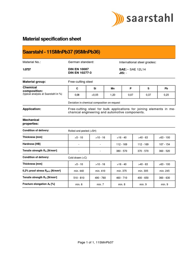 11SMnPb37 Material Specification Sheet | PDF