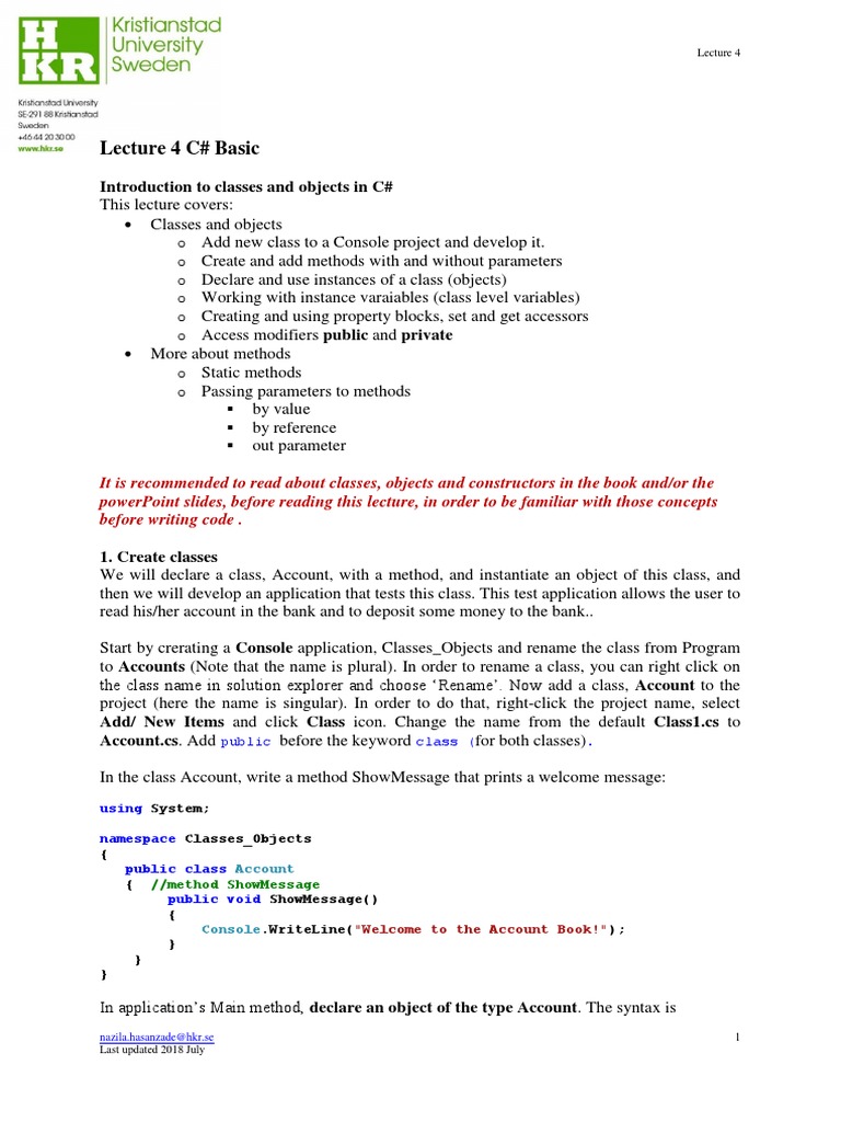 Lecture 4 C# Basic: Introduction To Classes and Objects in C# | PDF ...