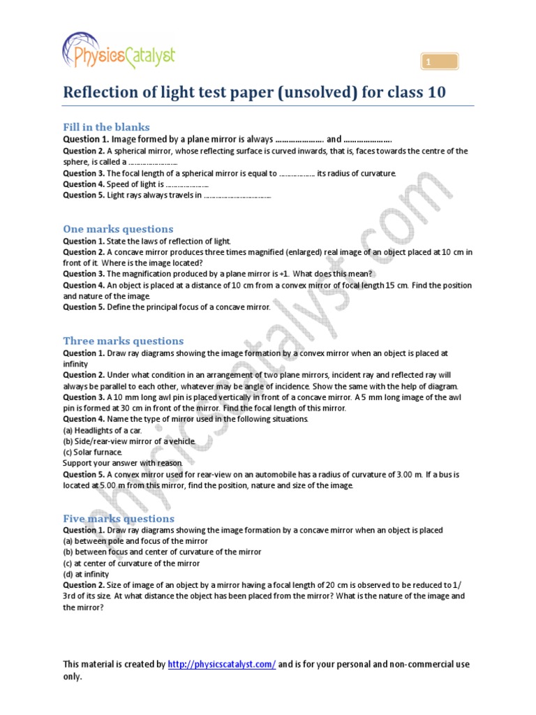 Reflection of Light Test Paper Class 10 PDF Lens (Optics) Glass Applications