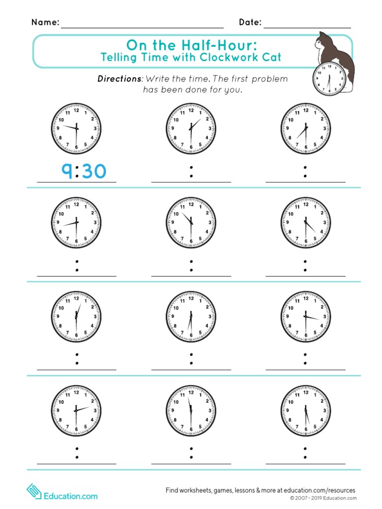 Half Hour Telling Time Clockwork Cat | PDF