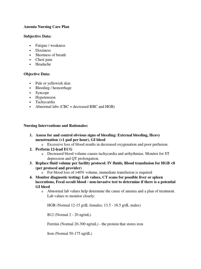 Anemia Nursing Care Plan Overview | PDF | Anemia | Bleeding