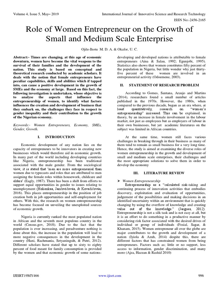 Role of Women Entrepreneur On The Growth of Small and Medium Scale ...