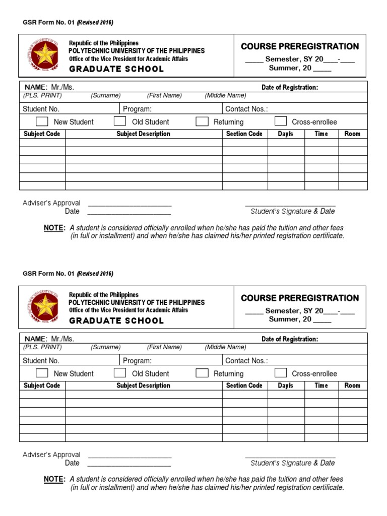 GSR Form No. 01: Pre-registration Guide | PDF | Students | Higher Education