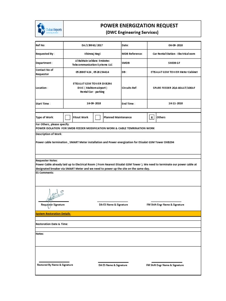 Power Isolation & Termination for Etisalat GSM Tower | PDF