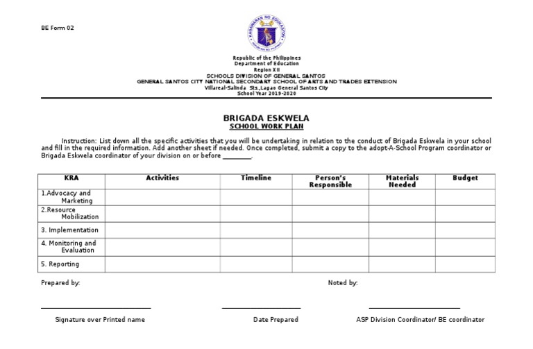 Brigada Eskwela School Work Plan 2019-2020 | PDF