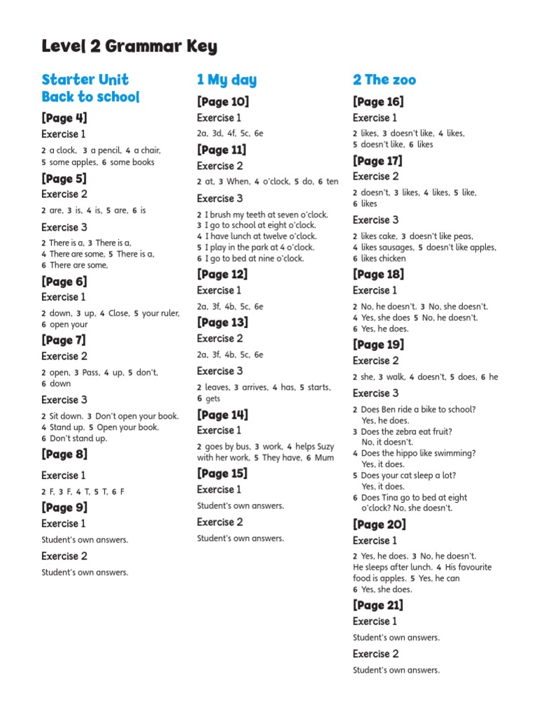 Level 2 Grammar Key: Starter Unit Back To School 1 My Day 2 The Zoo ...