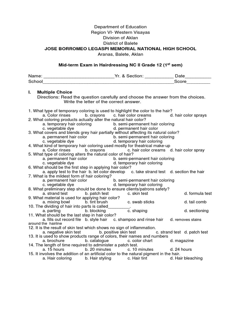 Midterm Exam in Hairdressing NC IIGrade 12 (1st Sem) PDF Nature