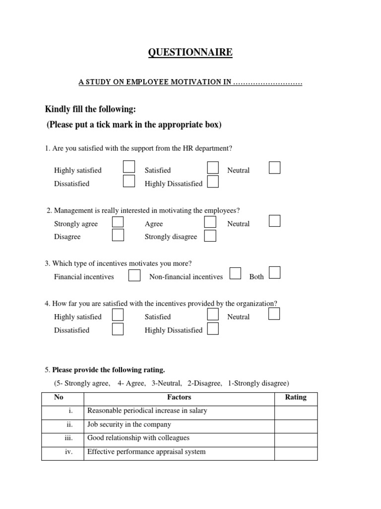 Questionnaire: Kindly Fill The Following: (Please Put A Tick Mark in ...