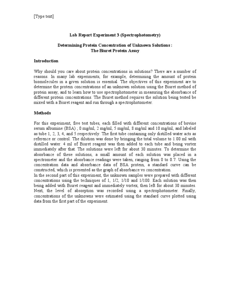 Protein Lab Report Experiment 3 Spectrophotometry Absorbance