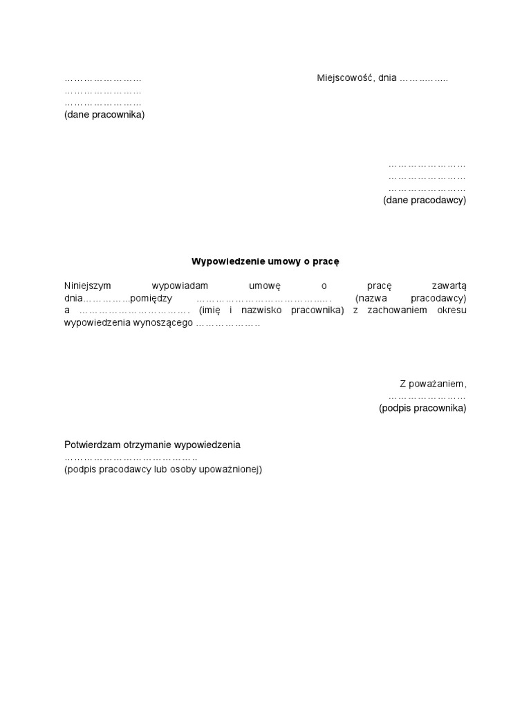 Wypowiedzenie Umowy O Pracę Z Zachowaniem Okresu Wypowiedzenia Pdf
