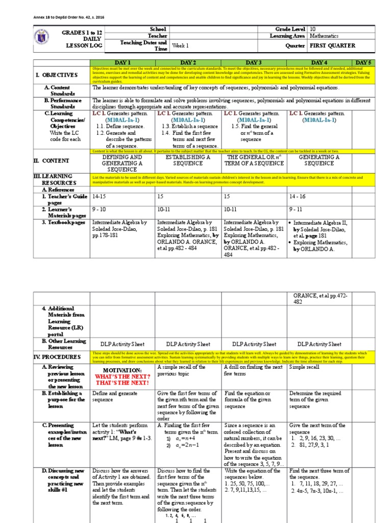 Math 10 DLL Q1 Week 1 | PDF | Learning | Sequence