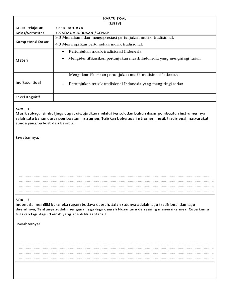 Kartu Soal Usbn Seni Budaya Smk 2019 K13 - Pendidikan Siswa