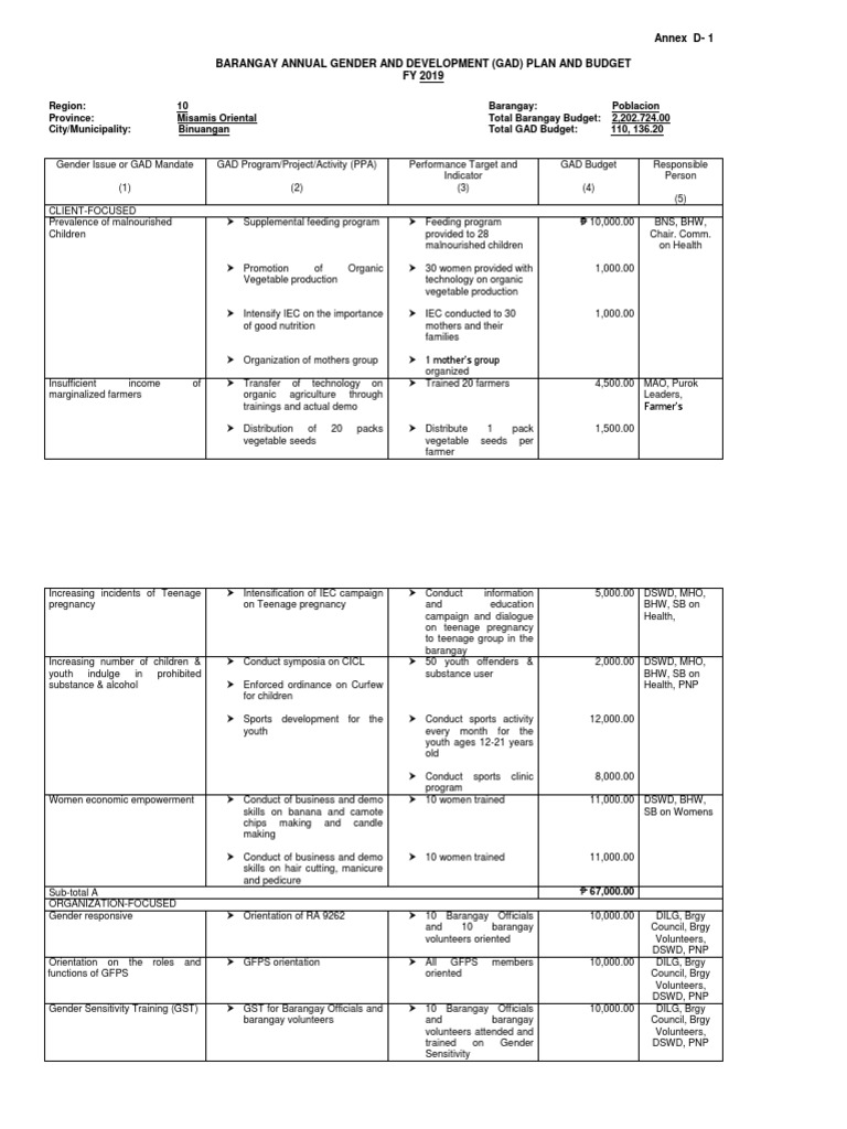 ANNEX D 1 Barangay GAD Plan And Budget Form PDF