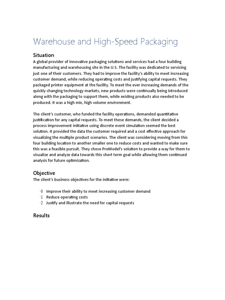 Warehouse and High-Speed Packaging | PDF | Simulation | Warehouse