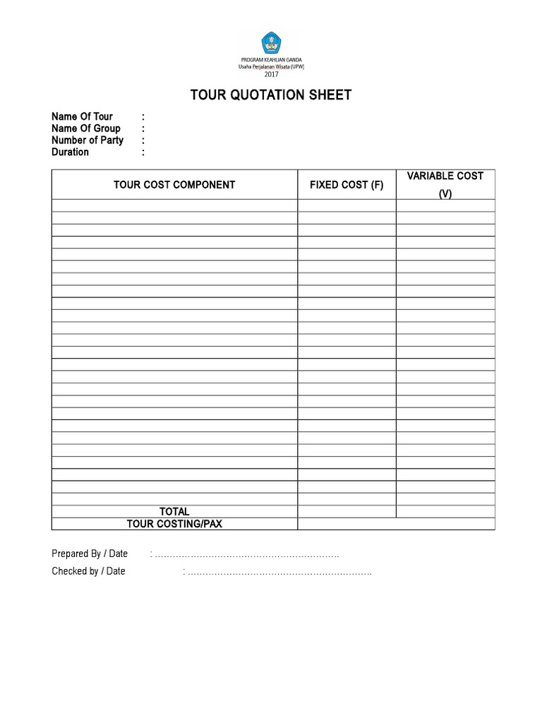 contoh tour quotation sheet